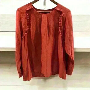 Anthropologie Acote Silk Blend Ruffle Shoulder L Sleeve Tunic Burnt Orange Sz 4